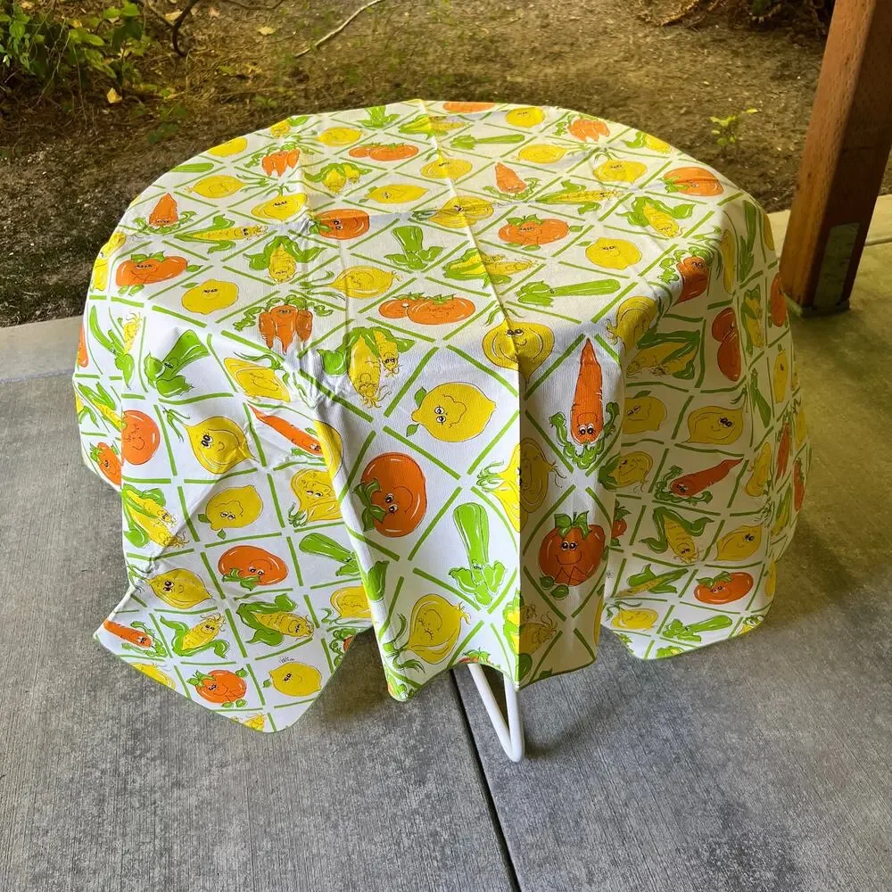 Vintage 70s Hildi Fruit and Vegetable Tablecloth 69x53 in Anthropomorphic Vinyl